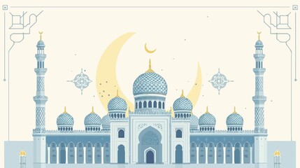 Fototapeta premium illustration of a majestic Islamic mosque with intricate geometric patterns and a prominent Crescent moon symbol in a flat design style