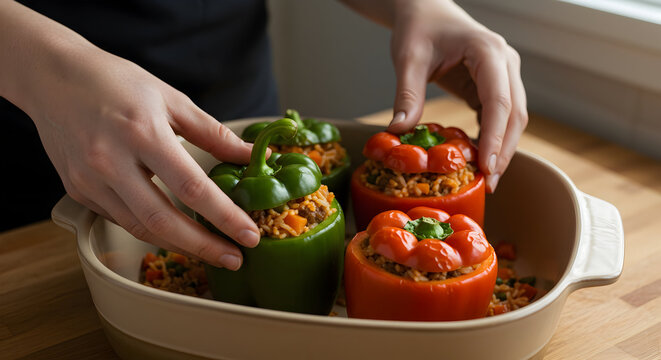Preparing Delicious Stuffed Peppers: A Culinary Delight with Colorful Vegetables and Healthy Ingredients for Home Cooking