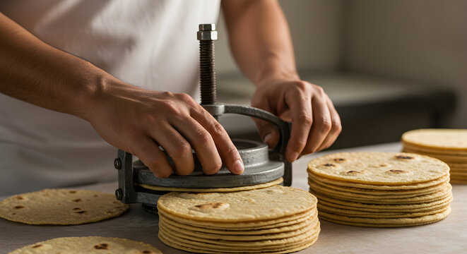 Expert Hands Preparing Fresh Tortillas: Traditional Cooking Method with Manual Press for Delicious Flatbreads in Authentic Kitchen Setting