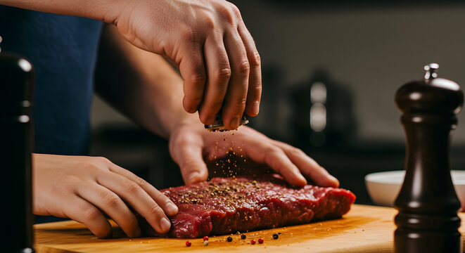 Hands Preparing A Delicious Piece Of Beef Steak By Sprinkling Spices And Seasoning For A Perfect Culinary Experience In The Kitchen