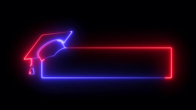 glowing neon graduation cap and blank frame icon isolated on black background. Graduate college, high school or educational cap symbol. degree ceremony hat with line stroke border. 4k video animation.