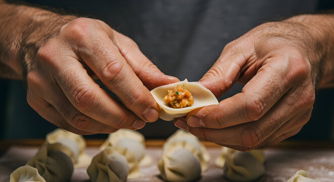 Hands Skillfully Preparing Fresh Dumplings Filled with Savory Ingredients, Showcasing Culinary Artistry and Homemade Cooking Techniques