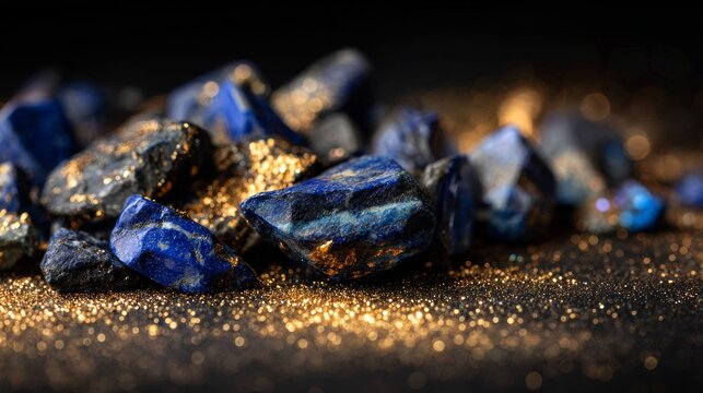 Deep blue lapis lazuli fragments with glittering gold dust