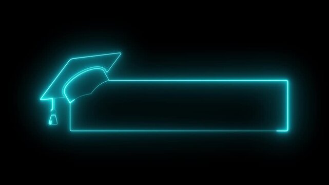 glowing neon graduation cap and blank frame icon isolated on black background. Graduate college, high school or educational cap symbol. degree ceremony hat with line stroke border. 4k video animation.