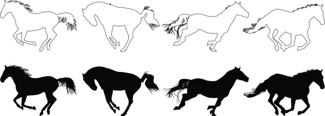 Running horse silhouette icons for equestrian, ranch, and wildlife design. Minimal outline and solid stallion shapes showing galloping motion and flowing mane. Clean vector graphics for logos, tattoos © Sk
