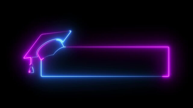 glowing neon graduation cap and blank frame icon isolated on black background. Graduate college, high school or educational cap symbol. degree ceremony hat with line stroke border. 4k video animation.