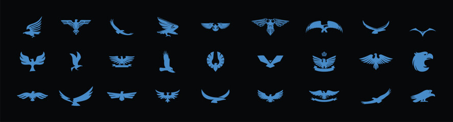 Blue flying bird silhouettes set for nature, wildlife, and freedom themes. Dynamic wing positions showing birds gliding and soaring in the sky. Clean vector graphics for logos, patterns, backgrounds, 