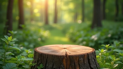rustic wooden podium tree stump table in lush green garden natural product display background
