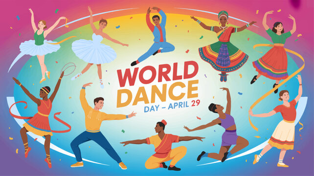 Vibrant dancers celebrate world dance day with dynamic movements and colorful costumes in a lively illustration
