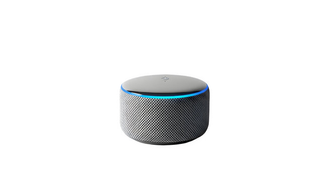 Amazon echo smart speaker with glowing blue ring on black background