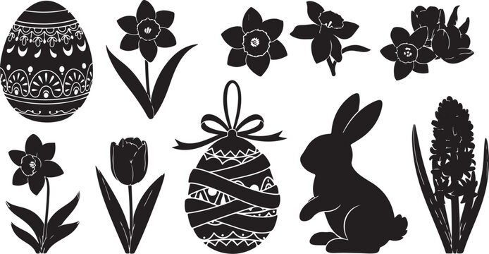Easter eggs and flowers with bunny silhouette vector graphics
