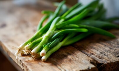 Close-up shot of raw, unpeeled green onions fresh from the garden on a well-worn wooden gardening table