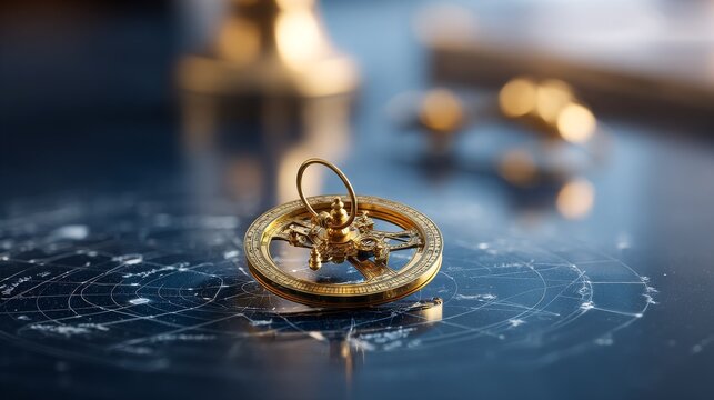 Golden antique astrolabe on a star chart