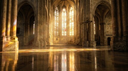 Obraz premium Church window bathed in sunlight casting light beams reflection concept. Gorgeous sunlight streaming through an ornate cathedral window.