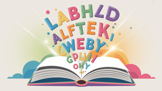 Colorful open book with multicolored letters and words emerging from the pages on a white background with rainbow clouds