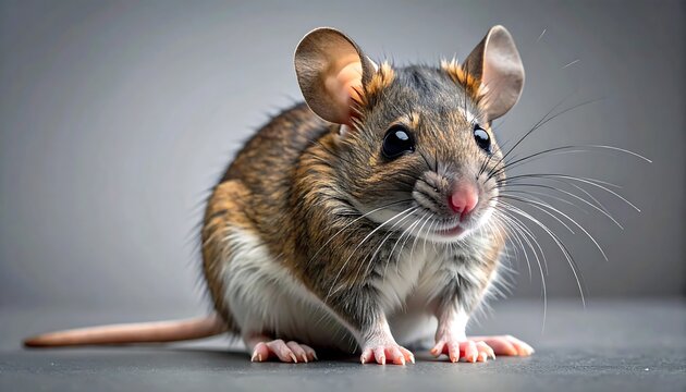 Close-up of a cute mouse with big ears and whiskers on a gray surface.