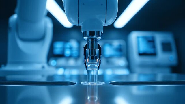 Robotic Arm Picking Up Clear Glass Vial in Automated Industrial Setting Blue Lighting