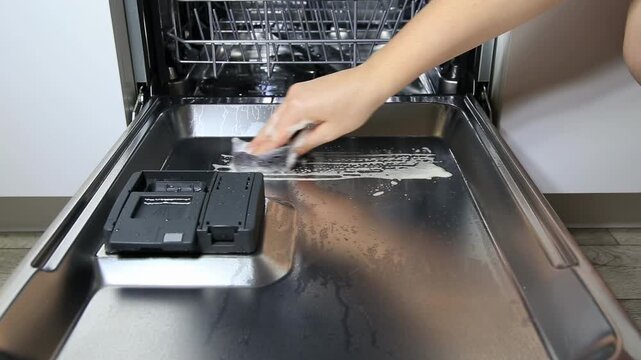 Close-up detail of person hand using sponge to clean accumulated residue and soap scum from bottom panel and edges of open dishwasher, performing thorough deep cleaning of appliance interior, maintain