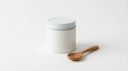 "Minimalist white cylindrical container with blank label and wooden spoon on plain background"