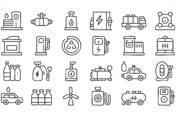 Energy Infrastructure And Fuel Supply Vector Icons With Gas Pumps Cylinders Tankers And Chargers