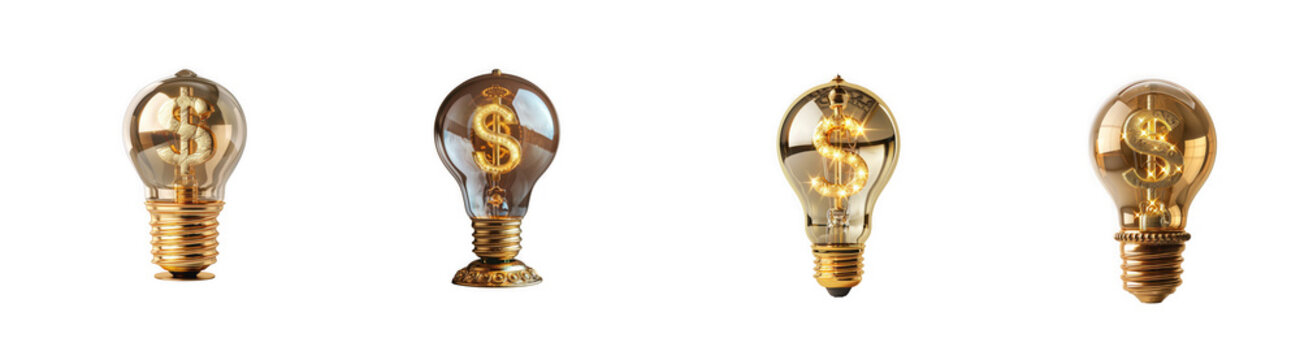 Golden light bulb with dollar sign inside, isolated, lightbulb, dollar isolated on transparent background