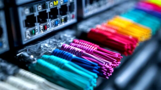 Colorful network cables connected to devices in a server