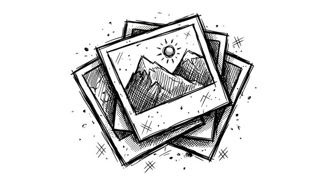Artistic hand drawn sketch of stacked instant polaroid photos showing mountain landscape scenery on white background, ideal for travel blogging, vintage photography concept and social media ads