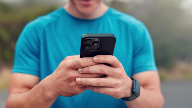 Hands, outdoor or man with fitness, smartphone to track progress or social media. Person, mobile user or runner in street, exercise for health benefits or digital app for training schedule or results