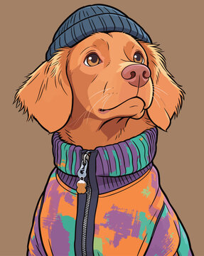 A dog wearing a colorful sweater and a beanie looks up with a curious expression. The background is plain and brown.