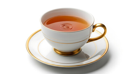Obraz premium Elegant White Teacup with Gold Trim and Amber Tea on Saucer Studio Shot
