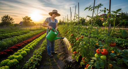Fototapeta premium Female farmer using a green can to irrigate salad crops in a field during golden hour at sunrise