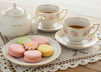 Delightful afternoon tea gathering vintage setting elegant table display lace tablecloth environment aesthetic viewpoint featuring tea set macarons and floral cookies
