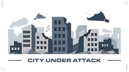 Fototapeta premium Urban Illustration of a City in Ruins with Cracked and Damaged Buildings, Explosion, Drones, Missiles and War Ruins