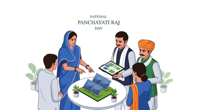 Illustration of people in rural India discussing governance and development on National Panchayati Raj Day with a table and documents.