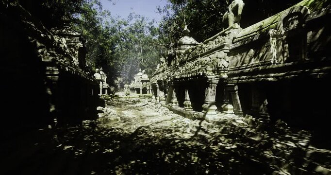 Shadowed temple avenue at golden dusk, long silhouettes cast by ancient columns, quiet atmosphere of decay and reverence, intricate bas relief and weathered