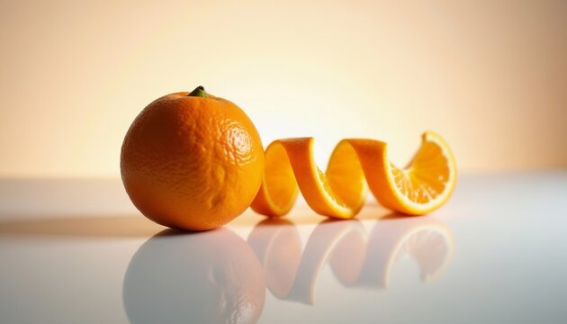 Orange fruit with long spiral peel. Fresh citrus vitamin food component on white reflective surface. Natural ingredient for healthy lifestyle, juice drink preparation and cooking cuisine.