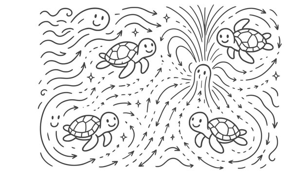 Turtle vector illustration of cartoon sea turtles swimming in ocean currents