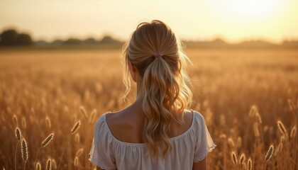 Woman standing in golden wheat field at sunset. Girl enjoying peaceful nature landscape in summer evening. Concept of freedom, relaxation and connection with rural countryside environment.
