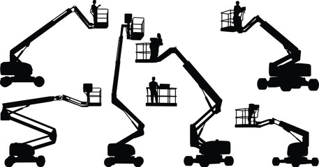 Boom lift silhouettes, aerial work platform workers flat vector construction illustration © MstBegum