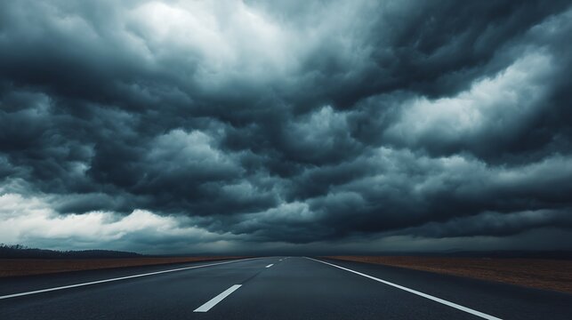 A deserted road stretches into the distance beneath a menacing, stormy sky filled with dark, swirling clouds.