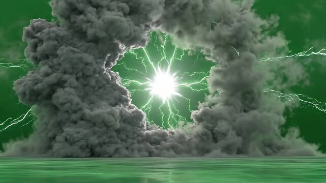 Green glowing ring portal with smoke effects concept. Dramatic green lightning storm with thick smoke clouds over reflective water surface