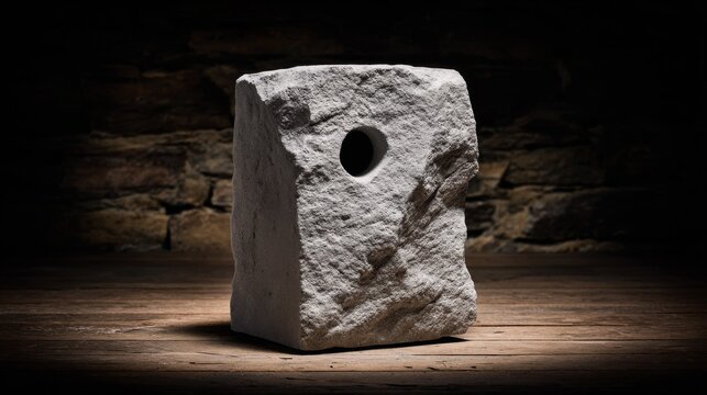 Rough hewn stone block with single precisely drilled hole