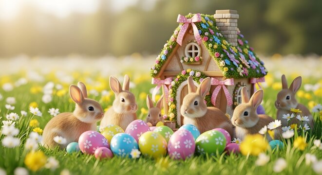 Easter scene with bunnies and decorated house