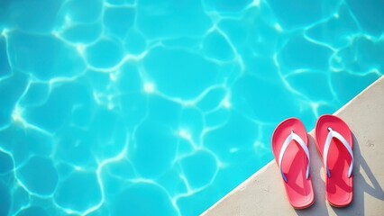 red white and blue flip flops on swimming pool edge summer vacation banner with copy space concept of travel, leisure, beachwear
