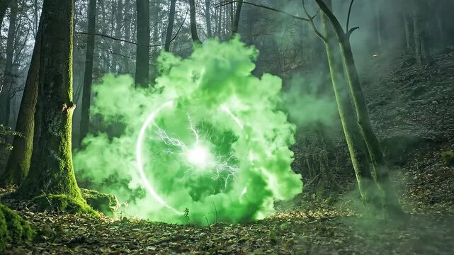 Green glowing ring portal with smoke effects concept. Mystical glowing green smoke ring in dark forest with fog and moss covered trees magical portal scene