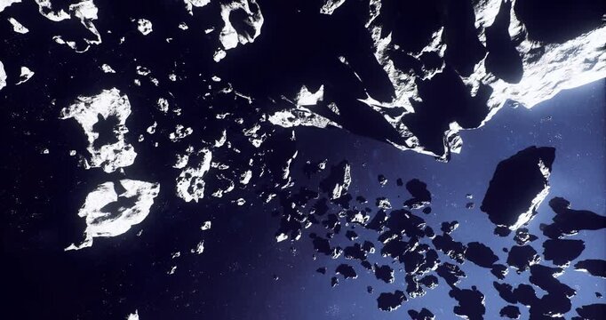 deep space asteroid field fragmented by cold light and scattered ice, drifting in silent orbit with glittering edges, dense cluster of rocky fragments