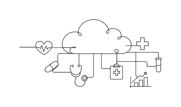 "Medical Big Data Network". Minimalistic one-line drawing cloud connected with multiple medical icons like