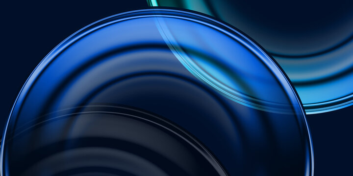 Abstract Blue Glass Circles Background with Transparent Glossy Shapes and Modern Technology Design