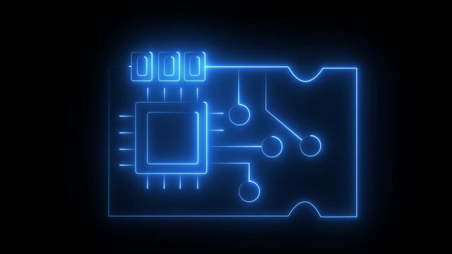 Neon microchip blue color icon animation. Glowing computer processor chip icon animation .processor artificial intelligence technology computer and mobile phone futuristic sign.