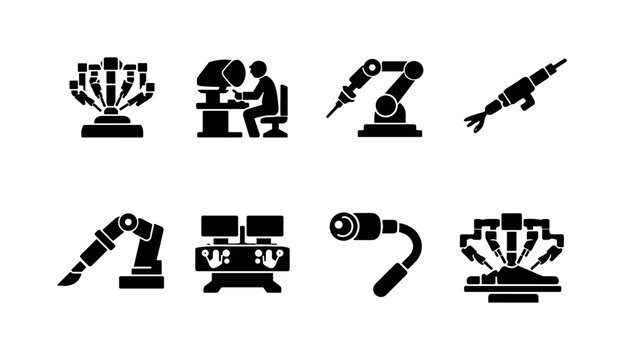 Robotic Surgery Technology. Filled icon set of Robotic Surgery Technology: surgical robot, robotic surgery